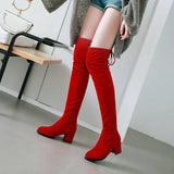 Warm Women Thigh Boots Flock Leather Squae High Heel Over the Knee Boots Slip On Ladies Boots Shoes Black Red Big Size