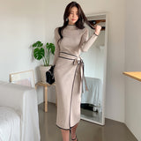 Patchwork Slim Woman Dress Vintage Full Sleeve Knitted Midi Dress Women Autumn Winter Elegant Sweater Knit Dress