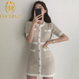 Summer Girls Fashion Sheath Short Sleeve Buttons Thin Dresses Tops Ladies Mini Patchwork Elastic Sweater