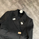 2022 Winter New Arrival Turn Down Collar Woolen Patchwork Square Buttons Blazer Women Black Cotton Coat