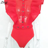 Mesh Black Ruffles Bodysuit Women Summer Sexy Single-breasted Bodycon Overalls Female Short Sleeve Beach Party Bodys