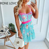 Women Spaghetti Strap Contrast Binding Floral Print Mini Dress Women Summer Dress