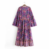 Queens Women Purple Floral Print Batwing Sleeve Beach Bohemian Pleated Maxi Dresses Ladies V Neck Summer Dress