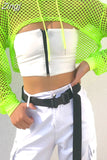 Streetwear Neon Green Mesh Fishnet Top Women Tshirt Perspective Smock Long Sleeve Women's T-shirts Sexy Cropped