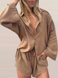 Long Sleeve Lapel Single Breasted Cardigan Shirt + Elastic Waist Shorts 2 Piece Set Women Casual Loose Solid Pocket