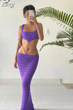 Elegant Knitted Autumn Two Pieces Sets for Women Sleeveless Square Neck Crop Top+Maxi Skirts Matching Outfits