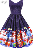Winter Christmas Women Sexy Spaghetti Strap Swing Party Dress Vintage Robe Santa Snowflake Print