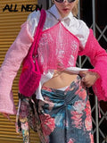 Y2K Aesthetics Pink Patchwork Open Shoulder Knitted Pullovers 2000s Cute Fashion Halter Ripped Backless Crop Tops