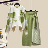 Lazy Sweater Two Piece set Women Sweet Heart-shaped beaded Pullover Jumper Top + Irregular Striped Skirt Knit 2PCS