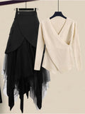 Winter 2 Piece Sets Women Long Sleeve Deep V-Neck Knitting Sweater And Irregular Mesh Patchwork Black Skirt Two Piece