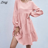 cotton linen O neck mini dress for womens Lantern sleeve Stitching loose big swing dress A-Line Full vestido women