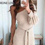 Women Solid Elegant One Shoulder Lantern Sleeve Rib-knit Silt Sashes Bodycon Sexy
