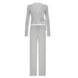 Solid Wrap Around Top And Drawstring Pants Set-Outfit