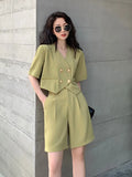 Women Office Sets Two Piece Blazer Suit Short Sleeve Cardigan Blazer & Shorts Lady Casual Solid Blazers