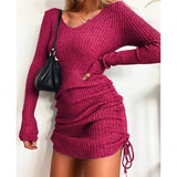 Knitted Sweater V Collar Long Sleeve Autumn And Winter Sexy Body Threaded Skirt Folding Drawstring