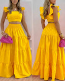 Summer Bright Flutter Sleeve Shirred Back Crop Top & Maxi Skirt Set Two Piece Women Boho Long Skirt Suits Robe