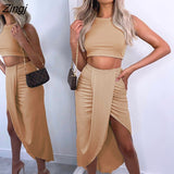 Bodycon O Neck Ruched Two Piece Set Women Solid Sleeveless Crop Top Long Skirt Autumn Ladies Elegant Casual Beach