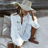 Queens Women Solid Long Sleeve Beach Hollow Out Bohemian Shirt Ladies O-neck Boho Shirts
