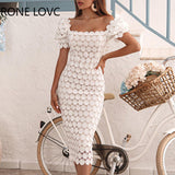 Women Elegant Solid Square Collar Short Lantern Sleeves A-line Three-dimensional Disty Floral Pattern Formal Party White