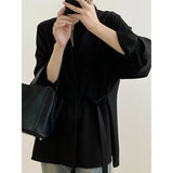Korean Belt Lace Up Shirts Women Elegant Long Sleeve Bandage Loose Chic Blouses Office Lady Solid Simple All Match
