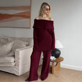 Selling A Word Shoulder Knitted Commuting Set Loose Top Broad Leg Trousers Simple High-Grade Gray Workplace