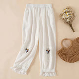 Vintage Cotton Linen Pants Women Elastic Lace Flower Embroidered Casual Harem Pants Loose All Match Bloomers