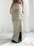 Harajuku Fashion Low Waist Solid Maxi Skirt Women High Waist Retro Ruched Cargo Skirts Long Split Tech Outfits