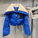 2022 Winter Long Sleeve Lambswool Sailor Collar Short White Duck Down Coat Women Drawstring Jacket