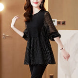 Autumn Black Polka Dot Loose Casual Shirt Ladies Elegant Fashion Patchwork Pullover Top Women Long Sleeve Chiffon
