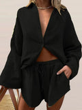 Long Sleeve Lapel Single Breasted Cardigan Shirt + Elastic Waist Shorts 2 Piece Set Women Casual Loose Solid Pocket