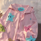 Retro Star Patchwork Zip Hoodies Women Y2k New Streetwear Loose Clothes Tops Harajuku Sweatshirts Couple Casual