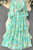 Autumn Women Floral Ruffle Long Dress Bohemian Vacation Beach Maxi Robe Female Elegant V-Neck Lantern Sleeve Robe
