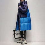 blocking Casual Long 90%White duck down Hooded Coat Women's 2023 Winter New Korean Loose Down Jackets Warm Parkas