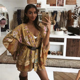 Queens Women Floral Print Sashes Bat Sleeve Beach Bohemian Kimono Dresses Ladies V Neck Summer Bikini Boho