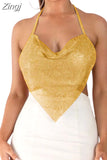 Sexy Women Sparkly Halter Tank Crop Tops Backless Chains Linked Sleeveless Rhinestones Glitter Mini Vest Club