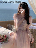 Summer Causal Vintage Fairy Dress Women Patchwork Korean Sweet Elegant Party Dress Female Outwear Sexy Evening Beach