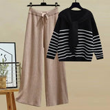 Winter Knitwear Two Piece Sets For Women Outfits Korean Casual Striped Knitted Sweater And Wide Leg Knitting Pants