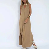 Office Lady Side Split Party Dress Casual Pleated Solid Robe Dress 2023 Women Fashion V-Neck Sleeveless Long Dress
