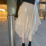 Y2K Irregular Tulle Skirt Women Gothic High Waist Asymmetrical Mesh A Line Midi Skirts Korean Office Lady All Match