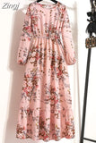 Women Elegant Floral Printed Long Dresses Spring Summer Casual O Neck Long Sleeve Ladies Chic High Waist A Line Beach