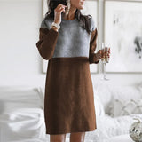 Autumn Winter Round Neck Vintage Patchwork Knitting Dress Women Loose Casual Straight Dresses Robe Femme Vestidos De
