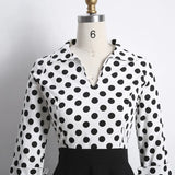 Cotton Women Rockabilly Dress Retro 50s 60s White Black Polka Dot Print Sundress Patchwork 3/4 Sleeve Pin Up Swing