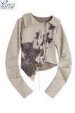 Women Vintage Print Short Jacket Trendy Irregular Turn-down Collar Loose Casual Zippers Coats Harajuku Long Sleeve
