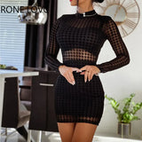 Women Casual Elegant Round Collar Long Sleeves Houndstooth Mini Black Working Bodycon