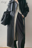 Autumn Long Oversized Black Faux Leather Trench Coat for Women Raglan Long Sleeve Double Breasted Brown Korean