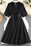 Women Green/Orange/White Hollow Out Midi Dress Elegant V-Neck Puff Short Sleeve High Waist Party Robe Female Vestido