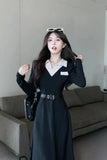 Polo Neck Long Sleeve Black Midi Dresses for Women 2023 Autumn New Fashion Slimmer Waist Casual Korean Female