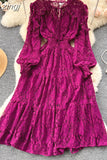 Autumn Women Lace Midi Dress Vintage Round Neck Lantern Long Sleeve High Waist A-Line Elegant Party Robe New Fashion