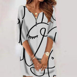 Half Sleeve Print Pullover Shirt Dresses Ladies Casual Commute Mini Dress Elegant Women Zipper-up V Neck Party