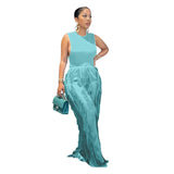 Vest Drawstring Fringed Knitted Top Casual Loose Wide-leg Pants Two-piece Suit Summer Green Tracksuit